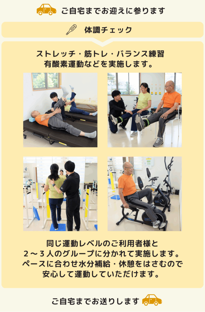 シニアの運動、サービス、プログラムの流れ