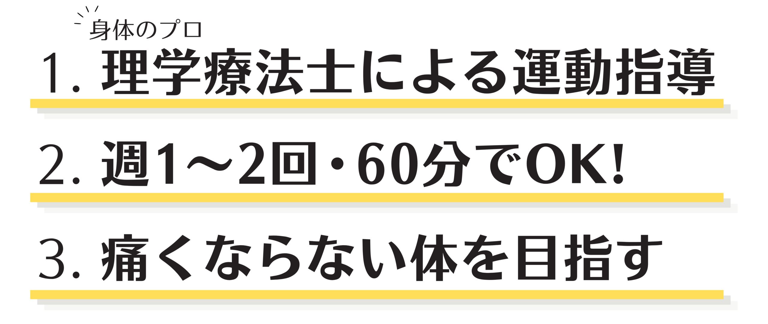 理学療法士による運動指導、週1~2回・60分でOK、痛くならない体を目指す