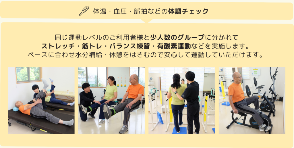 シニアフィットネス介さんの自費プランのサービス、プログラムや運動の流れ