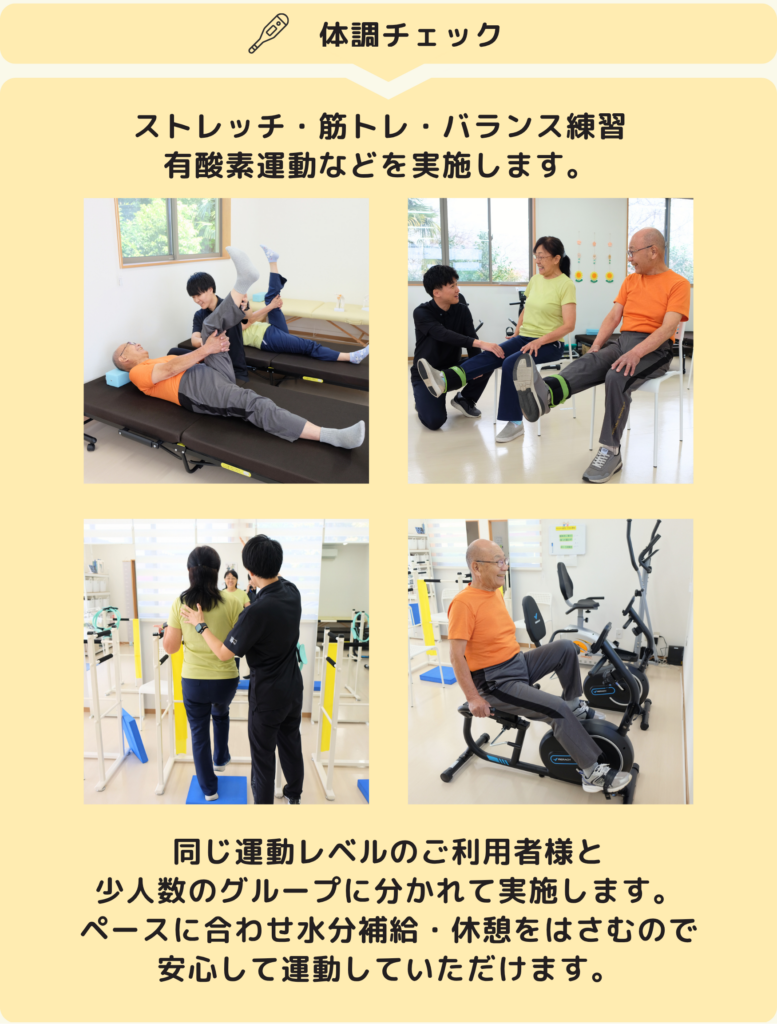 シニアフィットネス介さんの自費プランのサービス、プログラムや運動の流れ