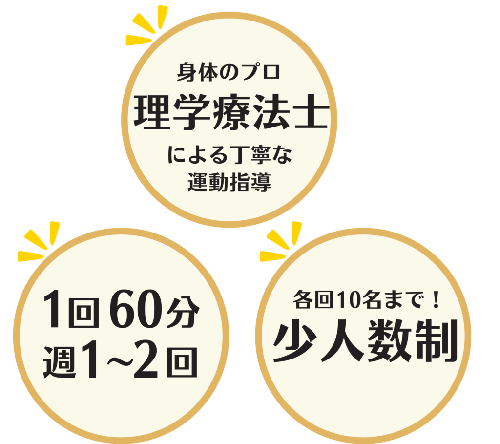 身体のプロである理学療法士による丁寧な運動指導、週１～２回60分短時間でOK、各回10名までの少人数制